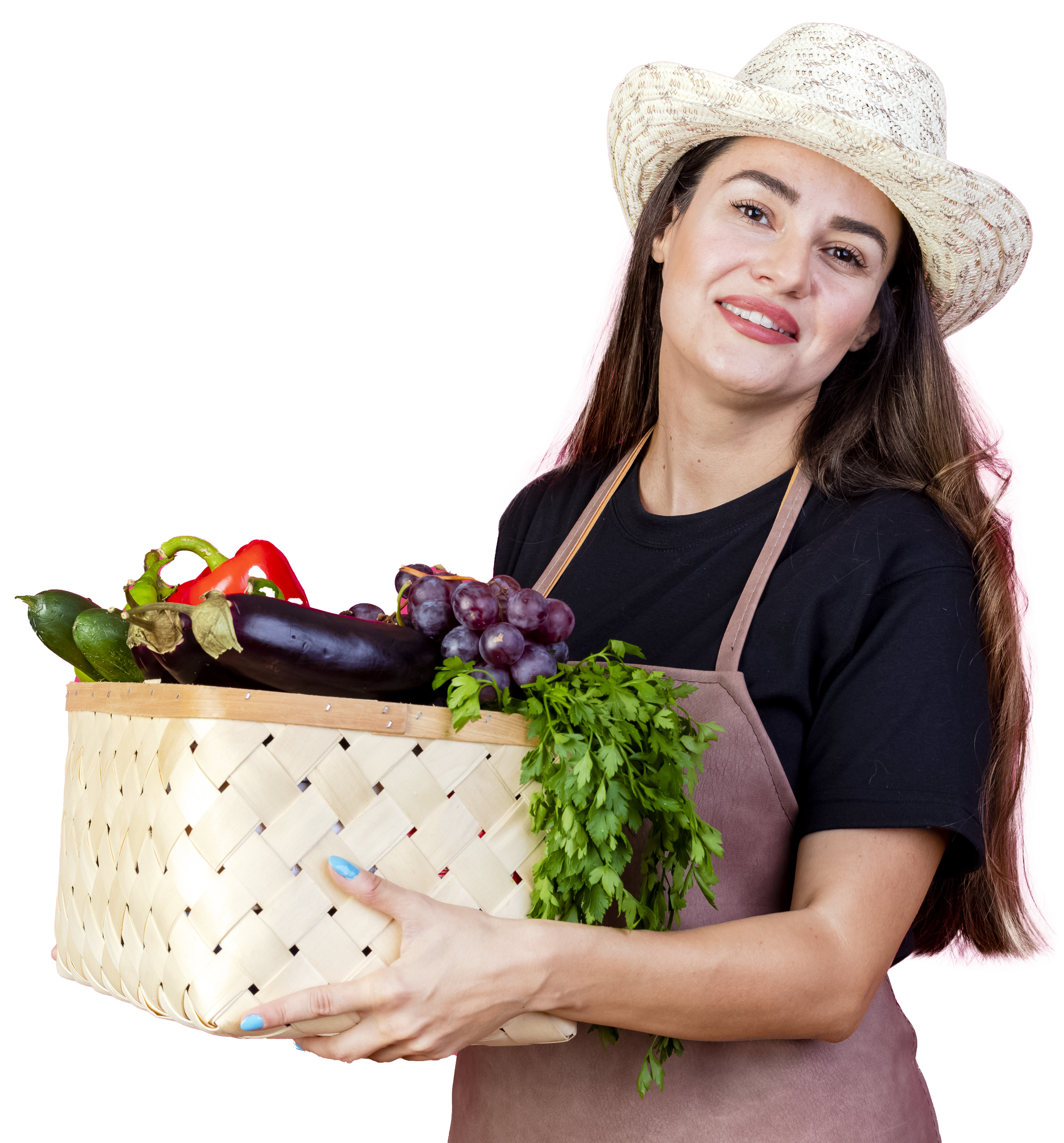 smiling-beautiful-gardener-girl-uniform-wearing-gardening-hat-holding-vegetable-basket-isolated-pink-background